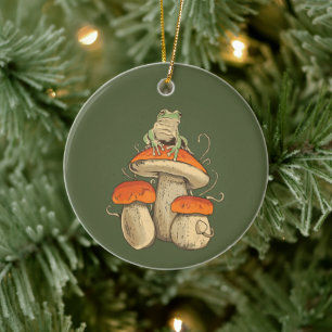 Vintager Frosch mit Pilzkern Keramik Ornament