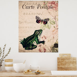 Vintager Frosch und Schmetterling Poster