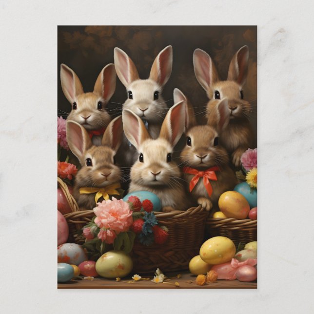 Vintager Frühling Ostereier Korb Bunny Hop Ankündigungspostkarte (Vorderseite)