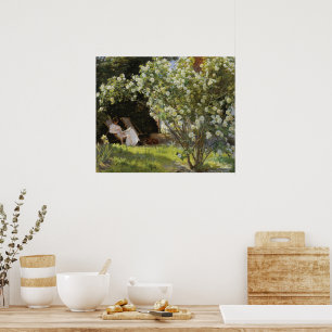 Vintager Frühlingshof mit weißen Rosen Poster