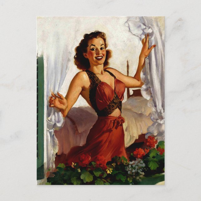 Vintager Frühlingsvormittag Pinup Girl Postkarte (Vorderseite)