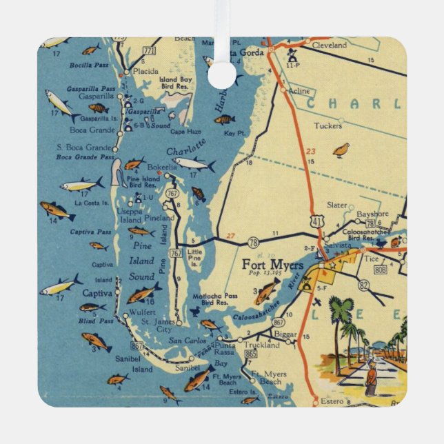 Vintager Ft. Myers Map Ornament Aus Metall (Vorderseite)
