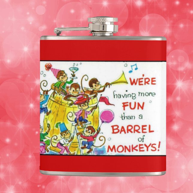 Vintager Funke Flachmann (Barrel of party monkeys on Having More Fun Than Barrel of Monkeys red white drinking flask.)