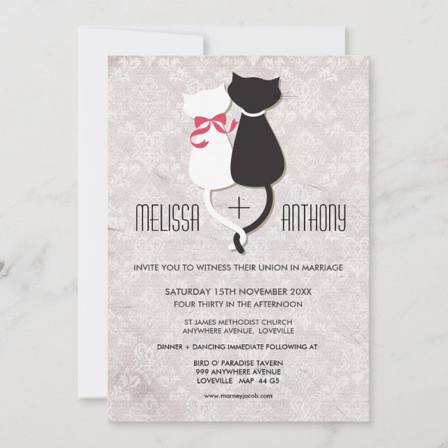 Vintager Funny Cat Couple Damask Hochzeitsempfang Einladung (Vorderseite)