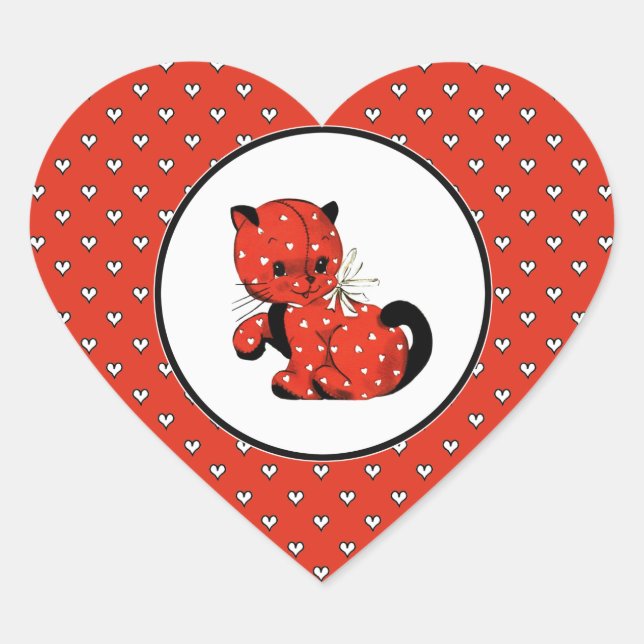 Vintager Funny Kitty Valentinstag Herz-Aufkleber (Vorderseite)