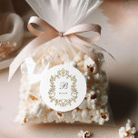 Vintager Garten | Farbenfrohe Luxe Wedding Monogra Runder Aufkleber<br><div class="desc">Diese atemberaubenden und wunderschönen Aufkleber in der Gastgeschenk Hochzeit sind im antiken Stil gehalten, mit einem skurrilen, illustrierten Wappen im Barock, das mit bunten Blume und Blätter in dezenten Pfirsichtönen, Rosa, lila, grün und neutral auf weißem Hintergrund dekoriert ist. Fügen Sie Ihre Monogramm oder Initial in klassisch grauer Kalligrafie hinzu....</div>
