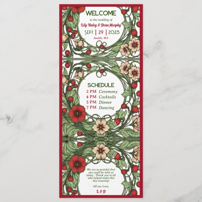 Vintager Garten Jugendstil Hochzeit Programm (Vorderseite)