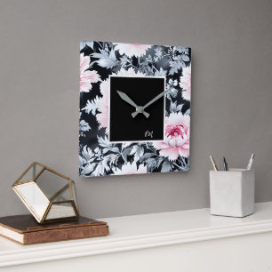 Vintager Garten mit schwarz-rosa Blume Quadratische Wanduhr
