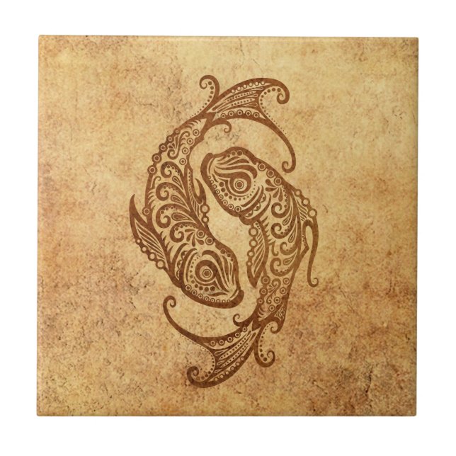 Vintager gealterter Fisch-Tierkreis Fliese (Vorderseite)