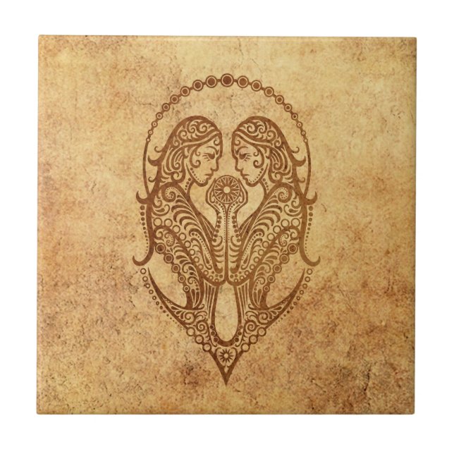 Vintager gealterter Zwillings-Tierkreis Fliese (Vorderseite)