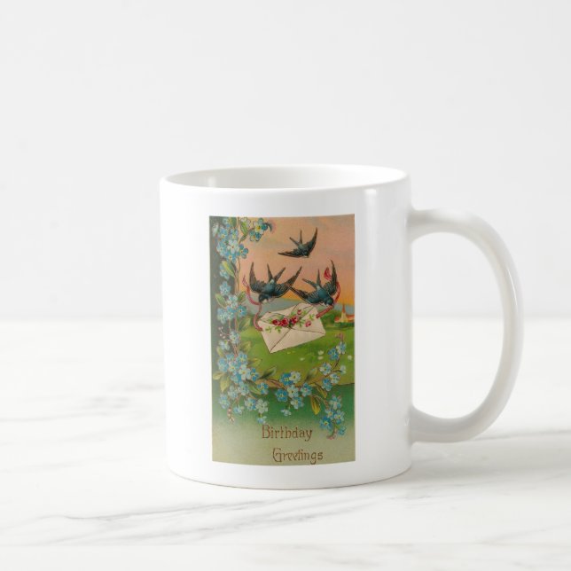 Vintager Geburtstag Postkarte Vögel und Blume Kaffeetasse (Rechts)