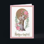 Vintager Geburtstag Religiöse Jungfrau Mary Floral Karte<br><div class="desc">Mit einem wunderschönen religiösen Gewohnheitsbild der seligen Jungfrau Maria und Jesus mit einem Lamm umgeben von Grün und rosa Rosen. Ein Vintages GREETINGS-Overlay zum GEBURTSTAG befindet sich unten.</div>