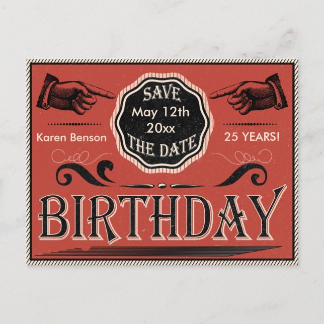 Vintager Geburtstag Save the Date Ankündigungspostkarte (Vorderseite)
