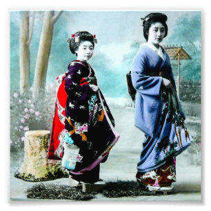 Vintager Geisha und ihr Maiko 芸者舞妓 altes J Fotodruck