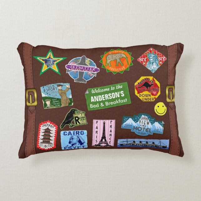 Vintager Gepäck-Weltreise-Koffer-Aufkleber-Name Zierkissen (Vorderseite)