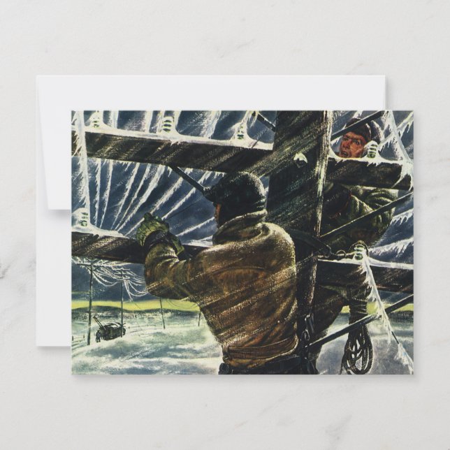 Vintager Geschäftselektriker arbeitet im Schneestu (Vorderseite)