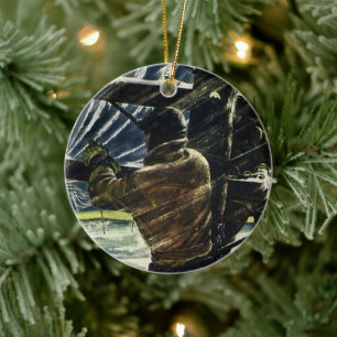 Vintager Geschäftselektriker arbeitet im Schneestu Keramikornament