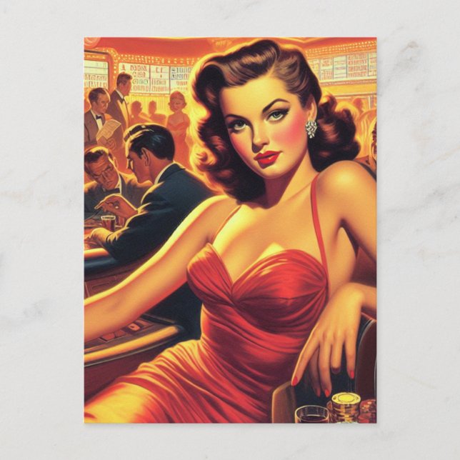 Vintager Glamour Girl Rotes Kleid Postkarte (Vorderseite)