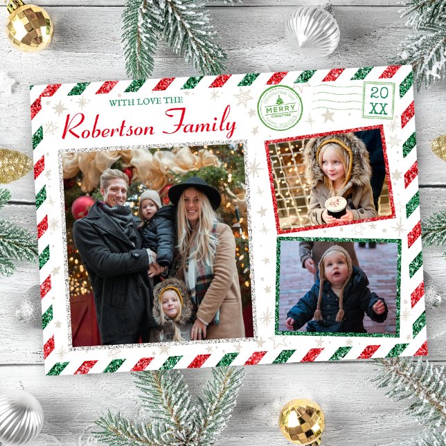 Vintager Glitzer Foto Luftpost Weihnachten Postkarte (Vintage Airmail Christmas Family Photo Postcard)