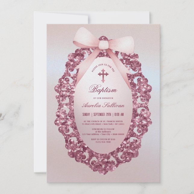 Vintager Glitzer Rahmen Rosa Imitate frönen Taufe Einladung (Vorderseite)