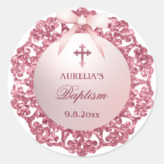 Vintager Glitzer Rahmen Rosa Taufe Runder Aufkleber