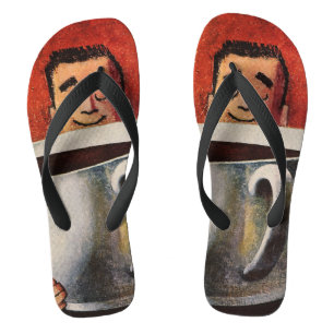 Vintager glücklicher Mensch trinkt Riesencup Kaffe Flip Flops