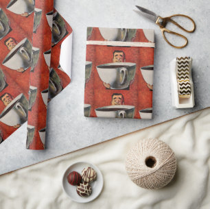 Vintager glücklicher Mensch trinkt Riesencup Kaffe Geschenkpapier