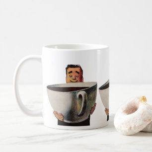 Vintager glücklicher Mensch trinkt Riesencup Kaffe Kaffeetasse