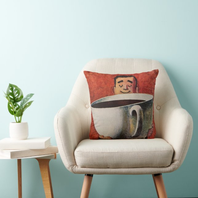 Vintager glücklicher Mensch trinkt Riesencup Kaffe Kissen (Stuhl )