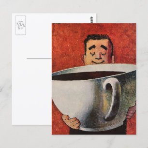 Vintager glücklicher Mensch trinkt Riesencup Kaffe Postkarte