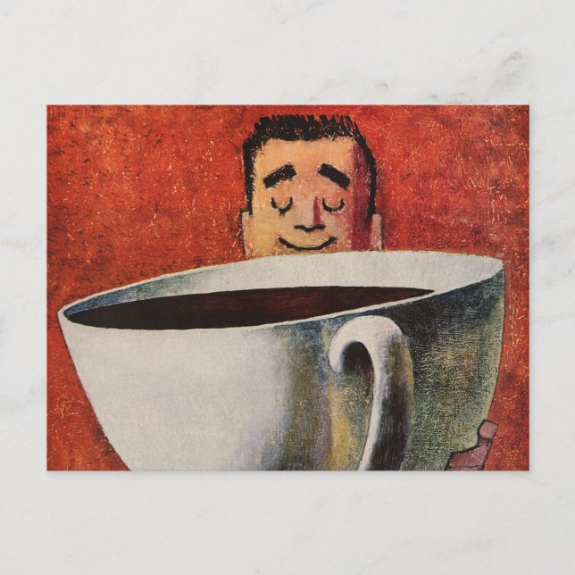 Vintager glücklicher Mensch trinkt Riesencup Kaffe Postkarte (Vorderseite)