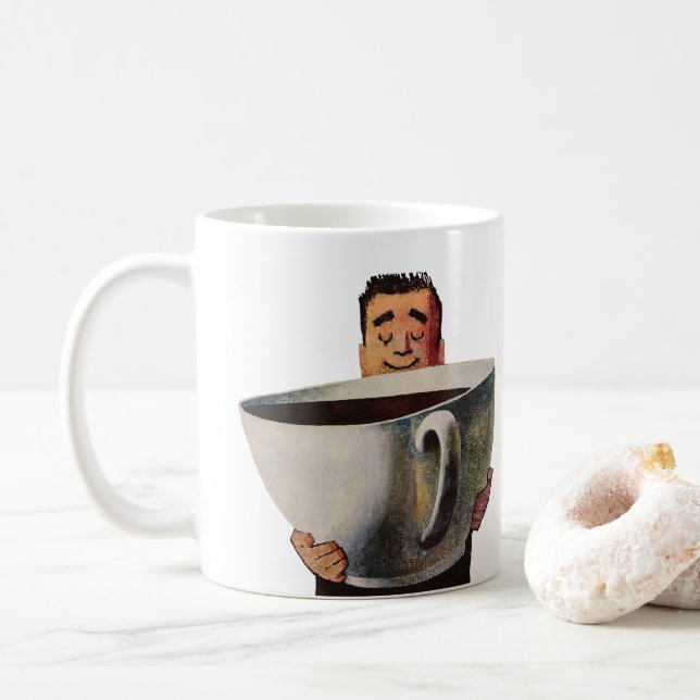 Vintager glücklicher Mensch trinkt Riesencup Kaffe Tasse (Mit Donut)