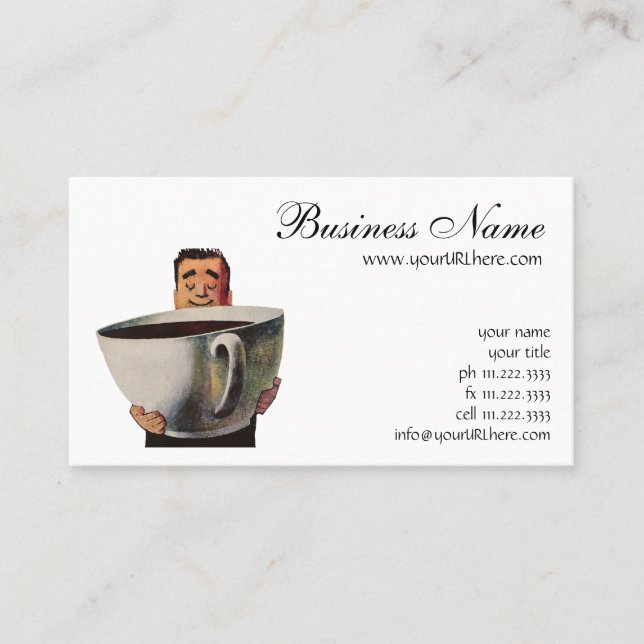 Vintager glücklicher Mensch trinkt Riesencup Kaffe Visitenkarte (Vorderseite)