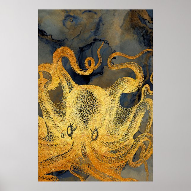 Vintager Goldblauer Tintenfisch an der Küste Poster (Vorne)