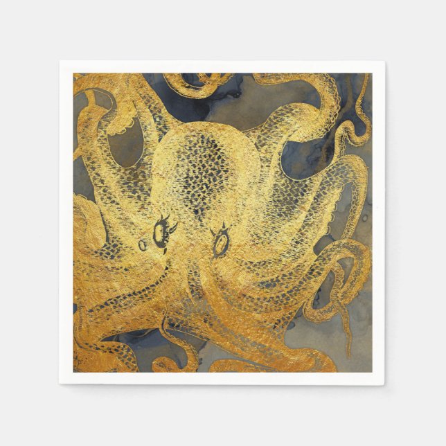 Vintager Goldblauer Tintenfisch an der Küste Serviette (Vorderseite)