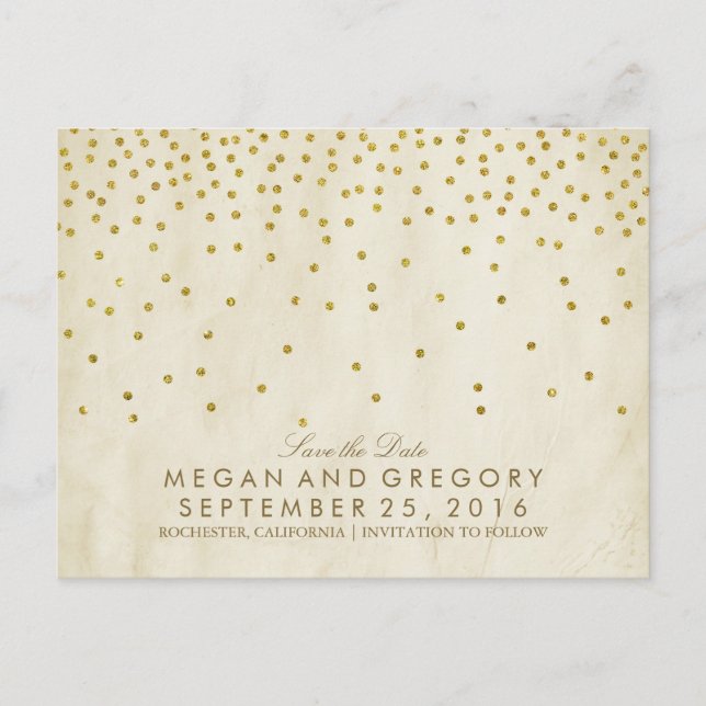 Vintager Goldfetti Save the Date Ankündigungspostkarte (Vorderseite)