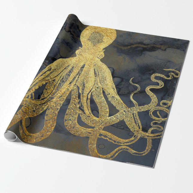 Vintager Goldschwarzer Oktopus Tinte Wasserfarbe Geschenkpapier (Ungerollt)