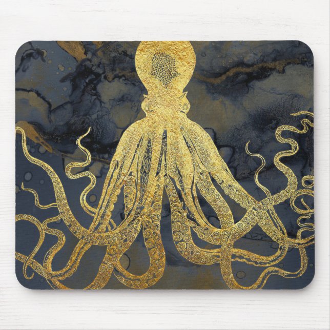Vintager Goldschwarzer Oktopus Tinte Wasserfarbe Mousepad (Vorne)