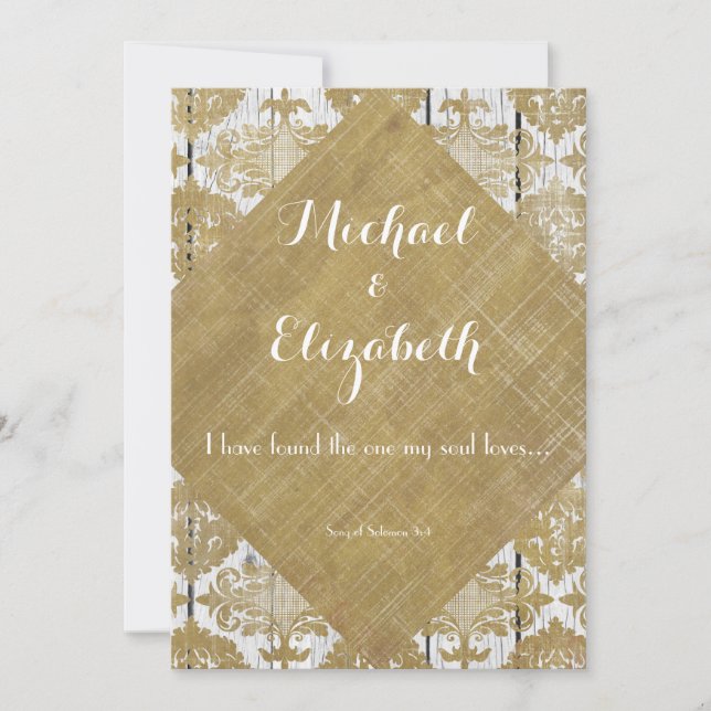 Vintager Goldteufel und Holz mit Bibelverse Einladung (Vorderseite)