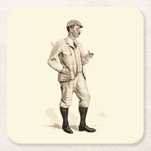 Vintager Golfspieler mit Tabakpfeife und Stiefeln Rechteckiger Pappuntersetzer