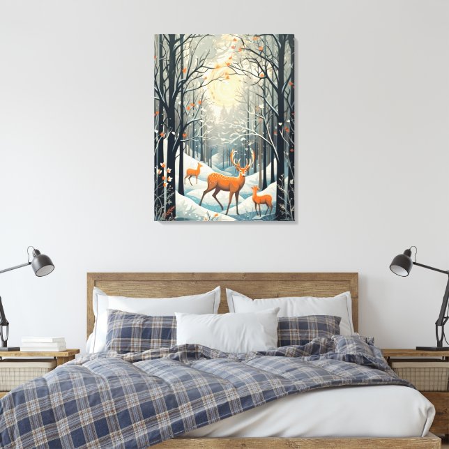 Vintager Gouache Winterhirsch 32x24 Leinwanddruck (Insitu (Schlafzimmer))