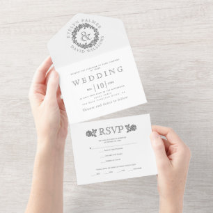 Vintager grauer Rose-Kranz auf weißer Hochzeit All In One Einladung