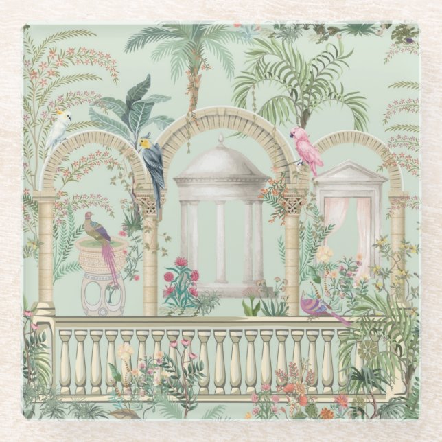 Vintager griechischer Garten Parrot Tropenbäume Glasuntersetzer (Vorderseite)