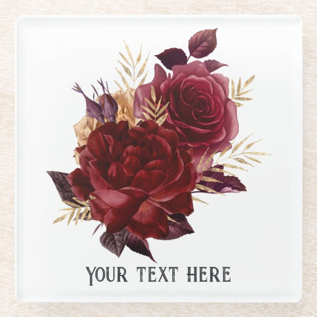 Vintager Grimoire Burgund und Gold Floral Glasuntersetzer (Vorderseite)