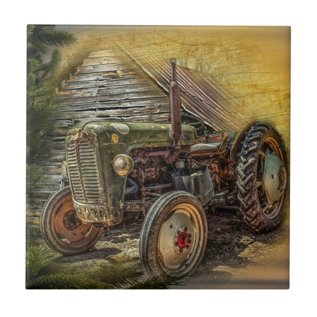 Vintager grüner Traktor Rustikaler alter Stall Fliese (Vorderseite)