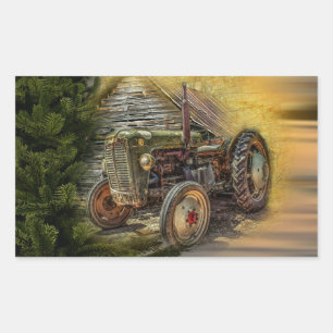 Vintager grüner Traktor Rustikaler alter Stall Rechteckiger Aufkleber