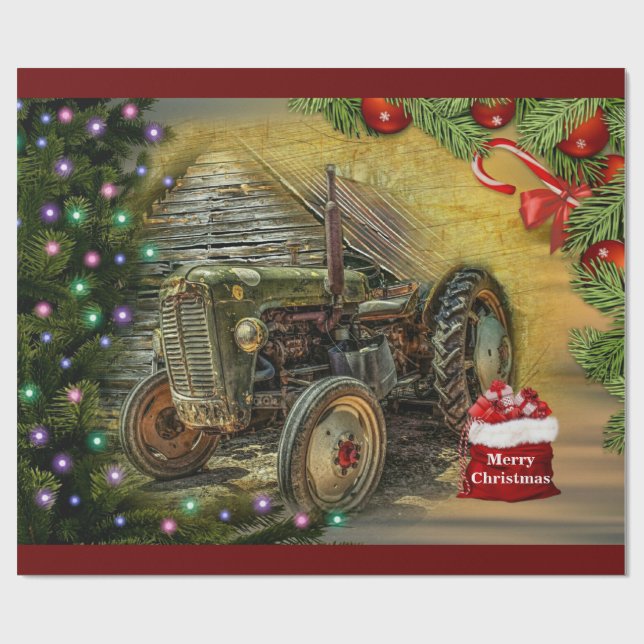 Vintager Grüner Traktor Weihnachten Geschenkpapier (Flach)