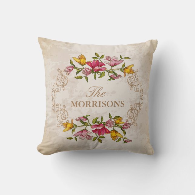 Vintager Grungeblumenwreath-Monogramm-Familienname Kissen (Vorderseite)