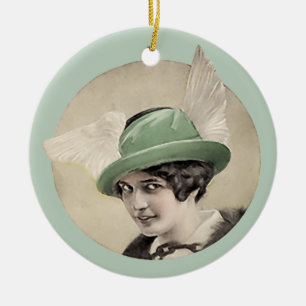 Vintager Grünhut Keramik Ornament