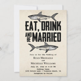 Vintager Hai trinken und Verheiratet Hochzeit sein Einladung